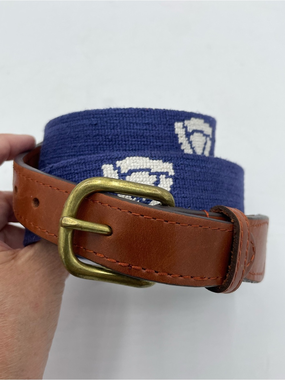 Smathers & Branson Navy Hand-Stitched Needlepoint Belt with Brown Leather Trim.